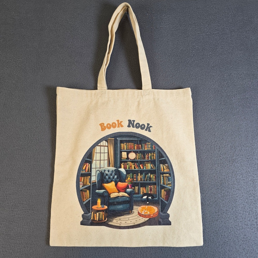 Book Nook Canvas Tote Bag Cream Library Graphic Print Reading Cat Bibliophile